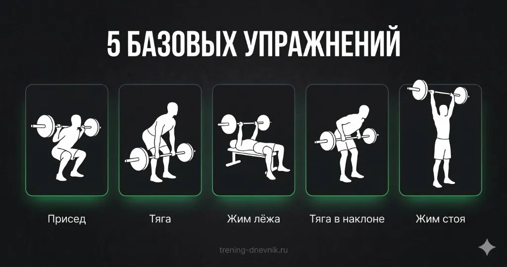 5 базовых упражнений в тренажёрном зале: присед, становая тяга, жим лёжа, тяга в наклоне, жим стоя